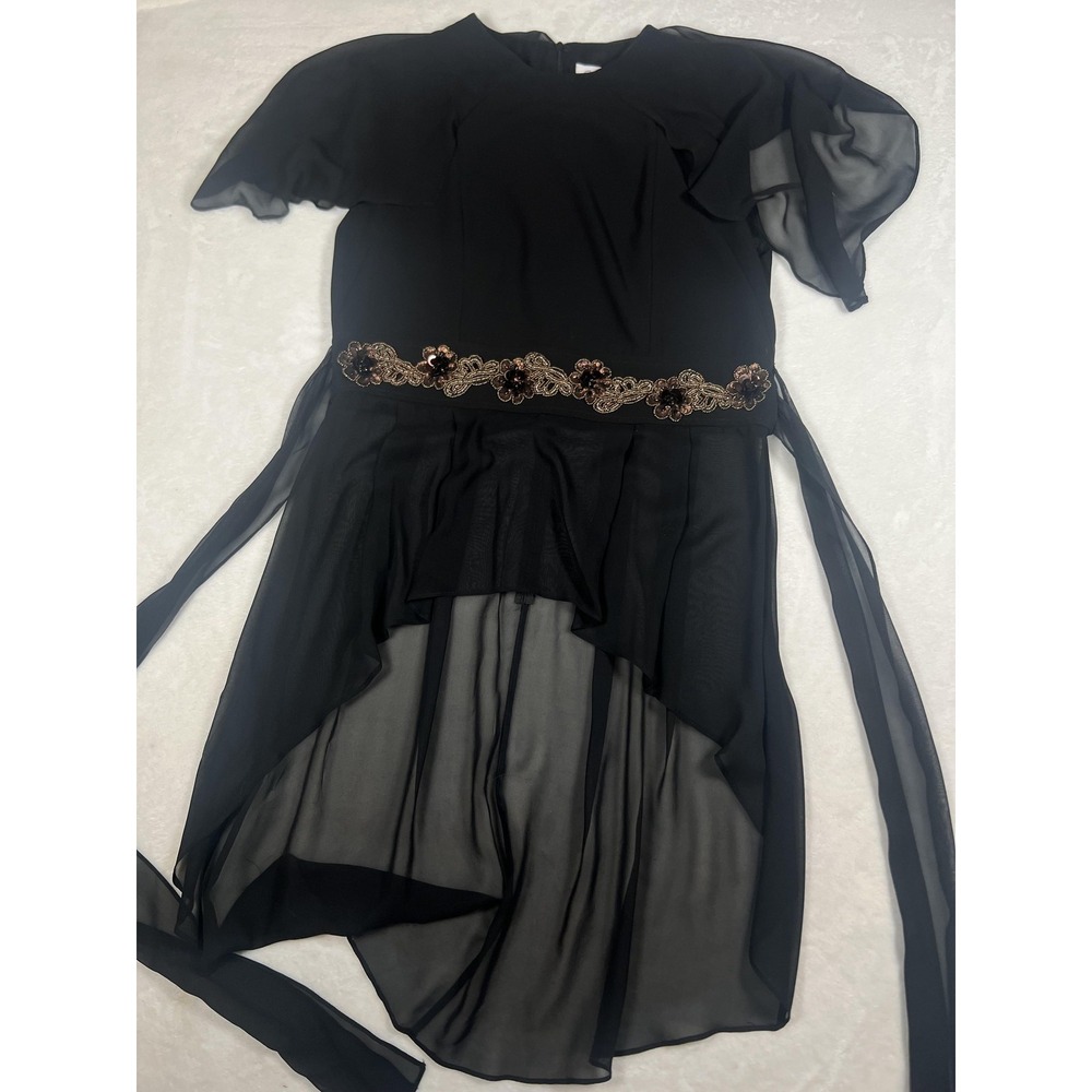 Carine Top Womens 14 Black‎ Beaded Hi Low Chiffon Flutter Sleeve  USA